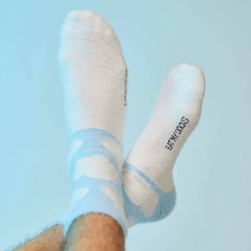 DOIY Eat My Socks Fluffy Cloud unisex crew socks on feet.