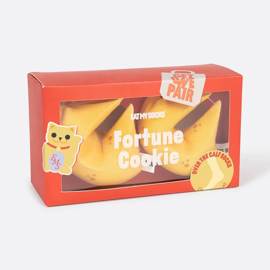 DOIY Eat My Socks fortune cookie unisex over the calf socks in packaging, rolled to look like cookies.