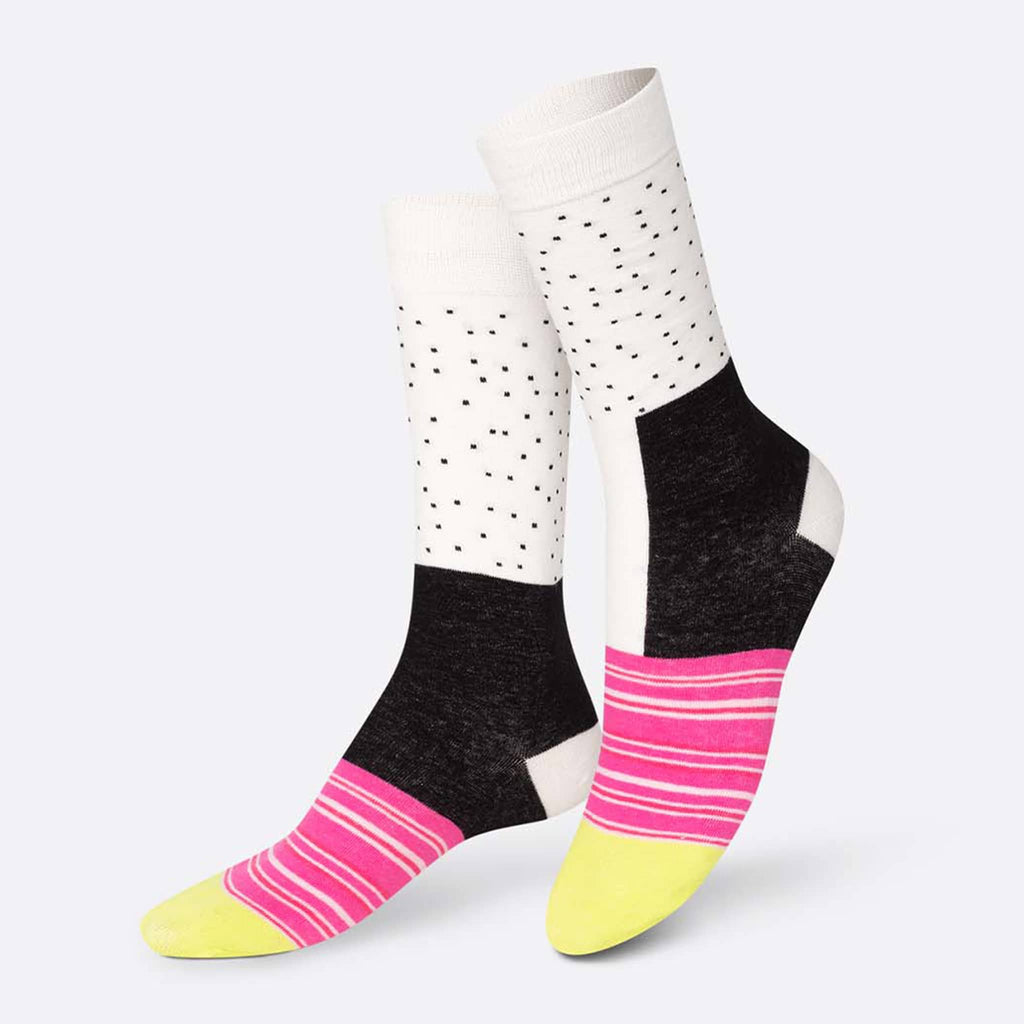 DOIY Eat My Socks california sushi roll unisex over the calf socks in pink, yellow, black and white print on foot forms.