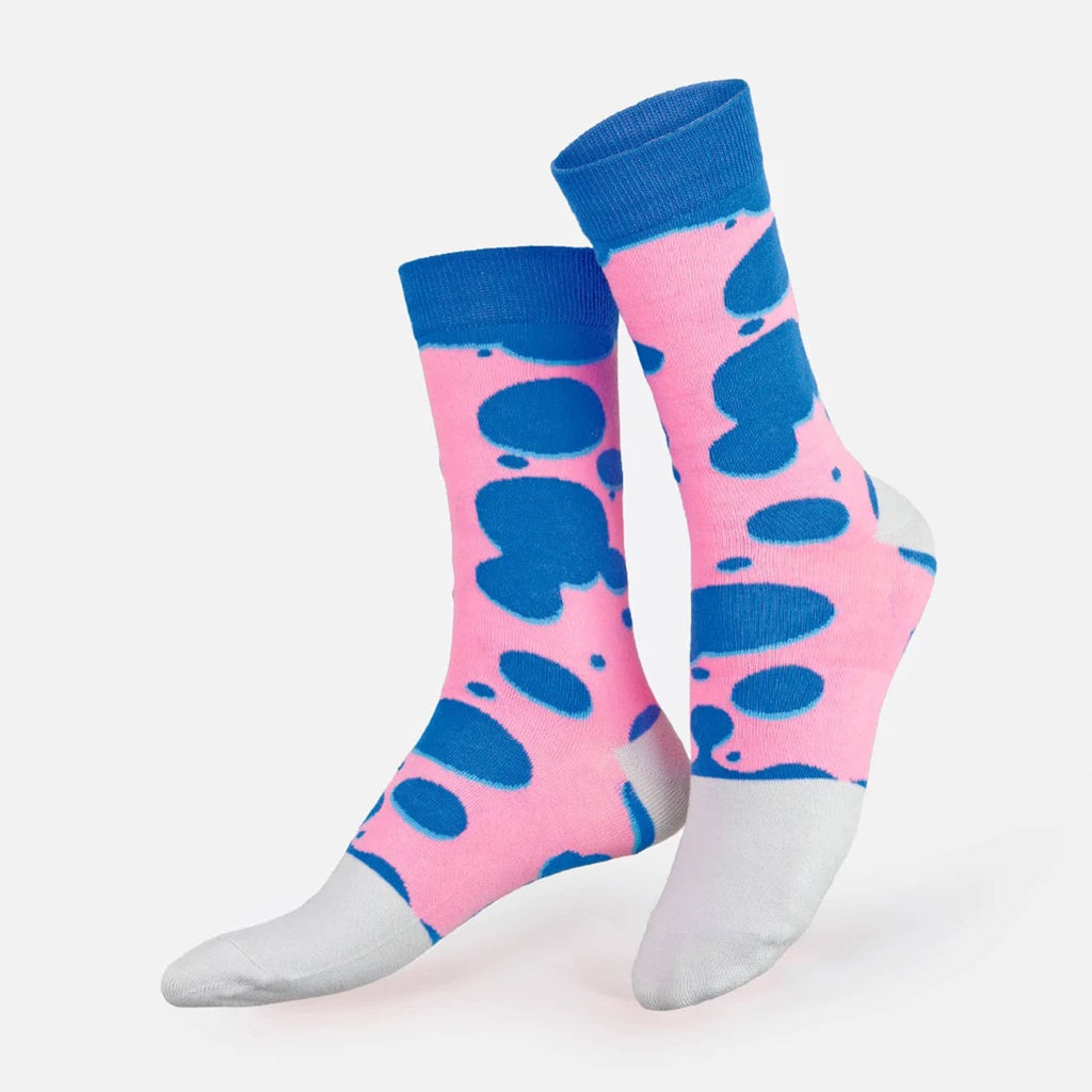 DOIY Eat My Socks lava lamp unisex crew socks with blue, pink and white print on foot forms.