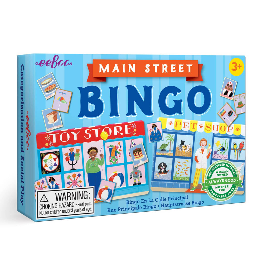 Box of eEeBoo Main Street Bingo game with colorful illustrations on a white background.