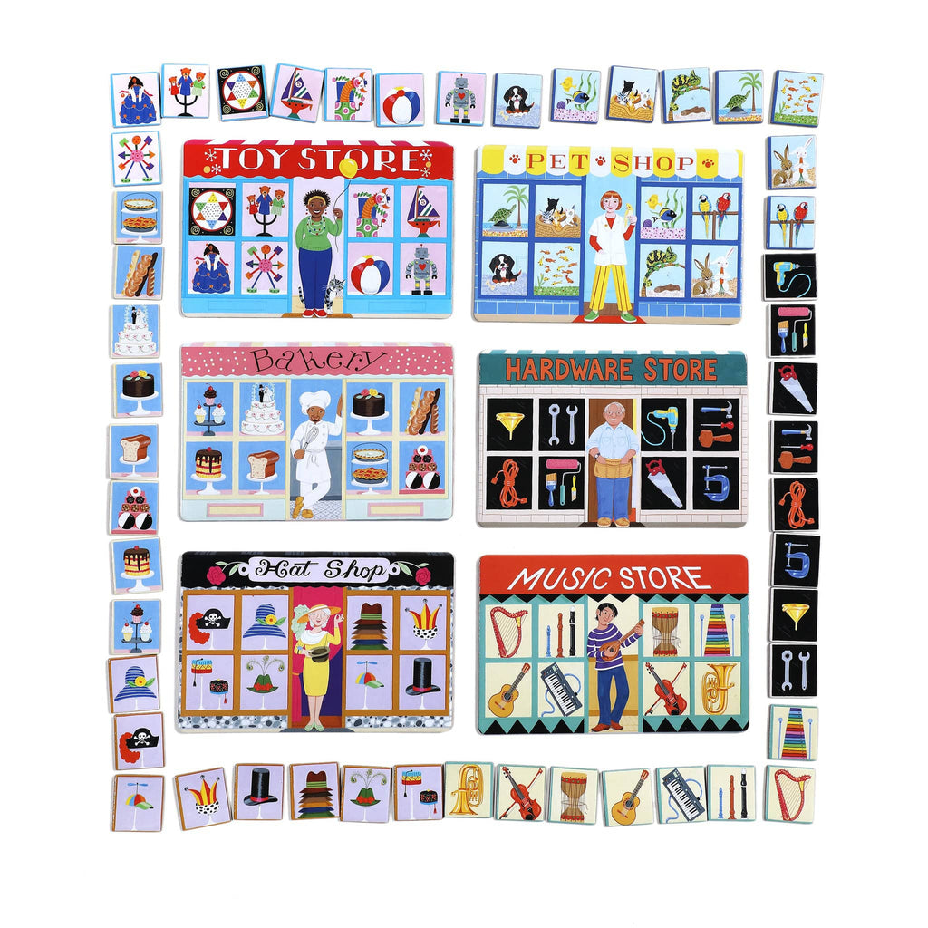 Set of main street store-themed bingo cards with product tiles on a white background.