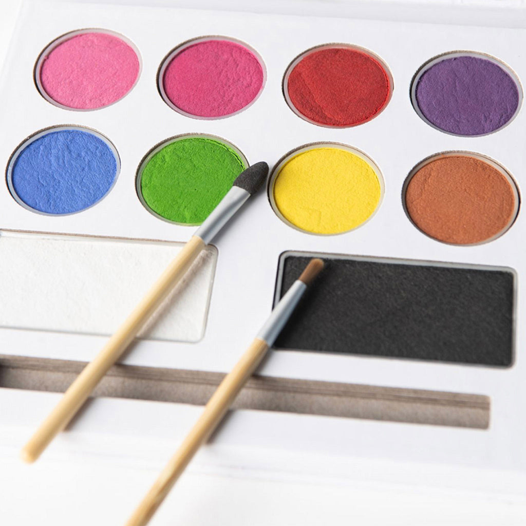 Eco Kids Face Paint Colors Professional Quality Palette, detail of 10 paint pots with applicators.