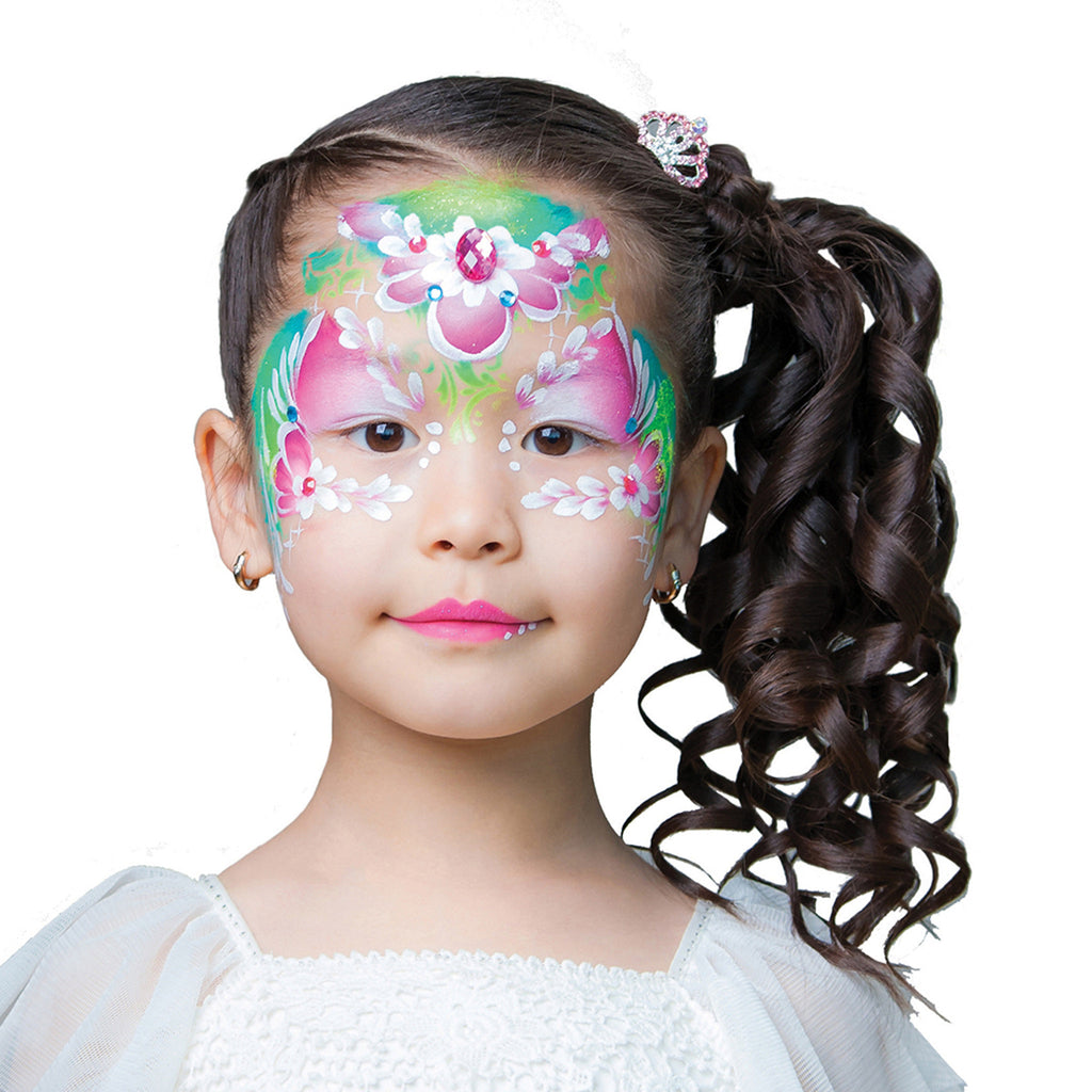 Eco Kids Face Paint Colors Professional Quality Palette with 10 colors, sample of a kids face painted with a floral design in pink and green.