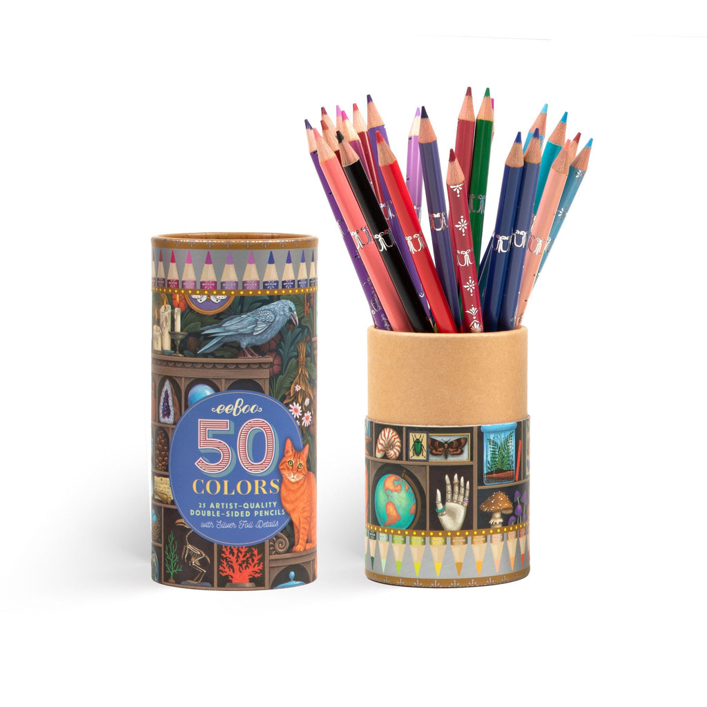 Eeboo Alchemist's Cabinet double-sided color pencils in packaging, lid off.