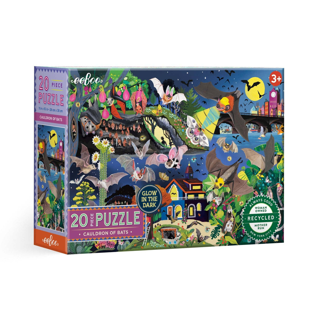 eeboo 20 piece cauldron of bats glow-in-the-dark kids jigsaw puzzle, box front angle.