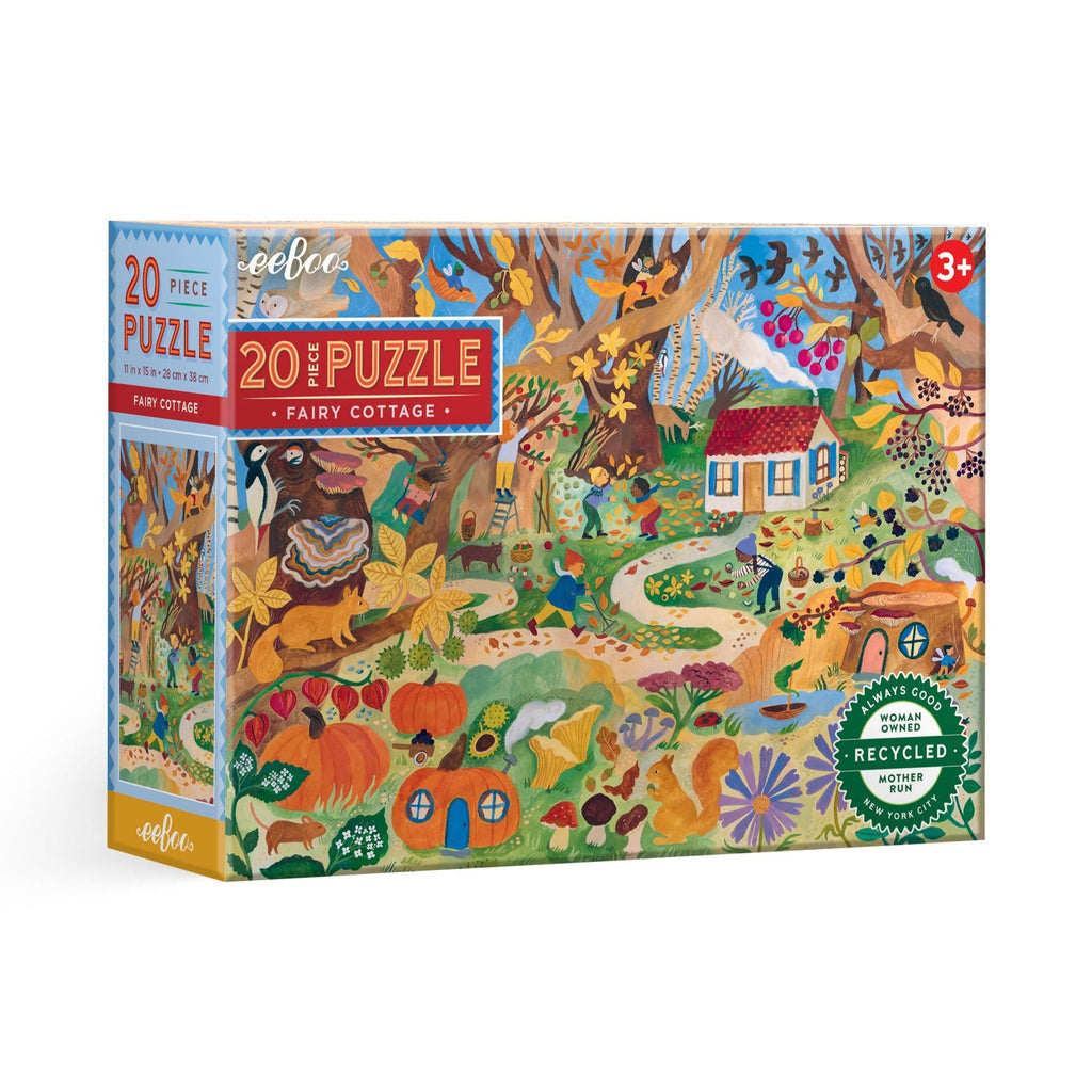 eeBoo 20-piece puzzle box, front view with fall fairy cottage design, on a white background.