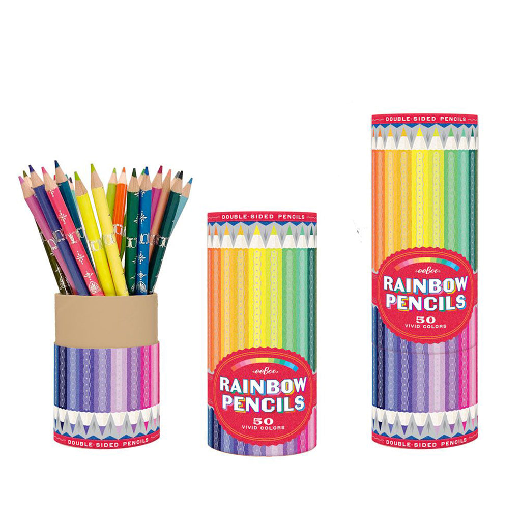Set of rainbow-colored double-sided pencils with packaging on a white background.