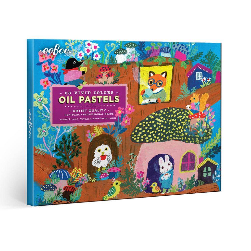 Box of oil pastels with colorful illustrations on a white background.