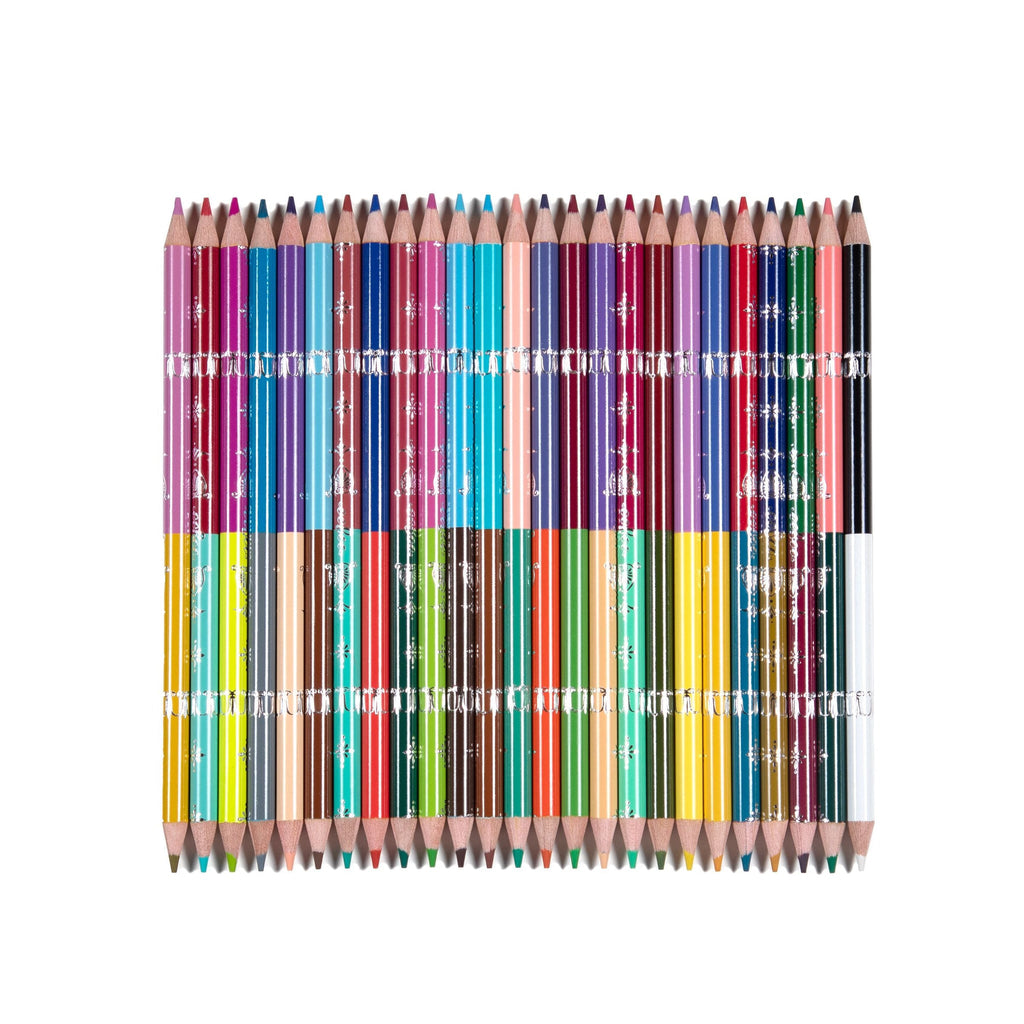 Eeboo Alchemist's Cabinet double-sided color pencils in a row on a white backgorund.