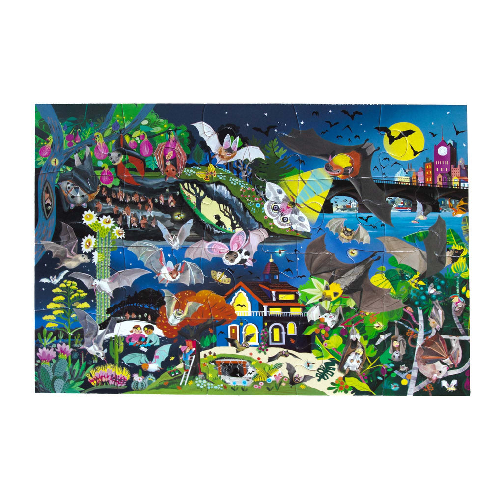 eeboo 20 piece cauldron of bats glow-in-the-dark kids jigsaw puzzle, completed.