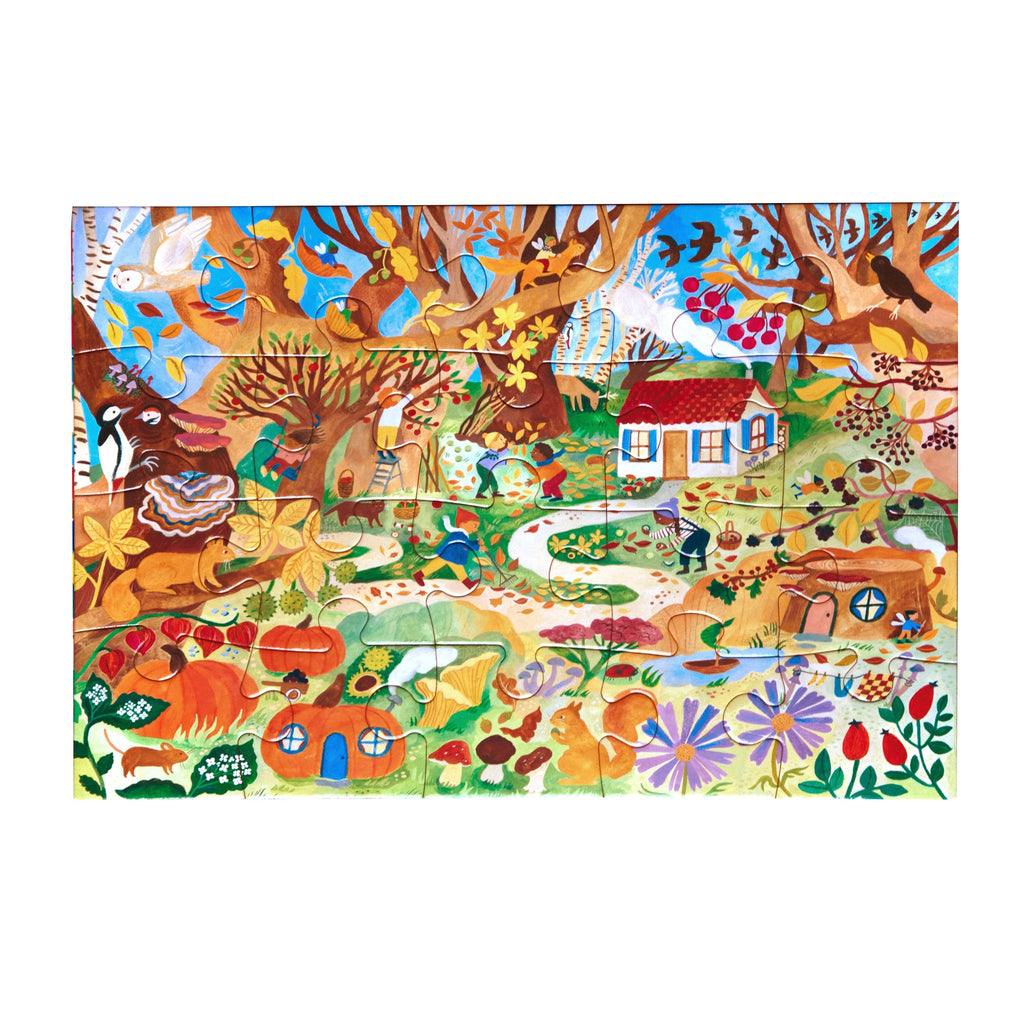 eeBoo 20-piece puzzle with fall fairy cottage design, completed, on a white background.
