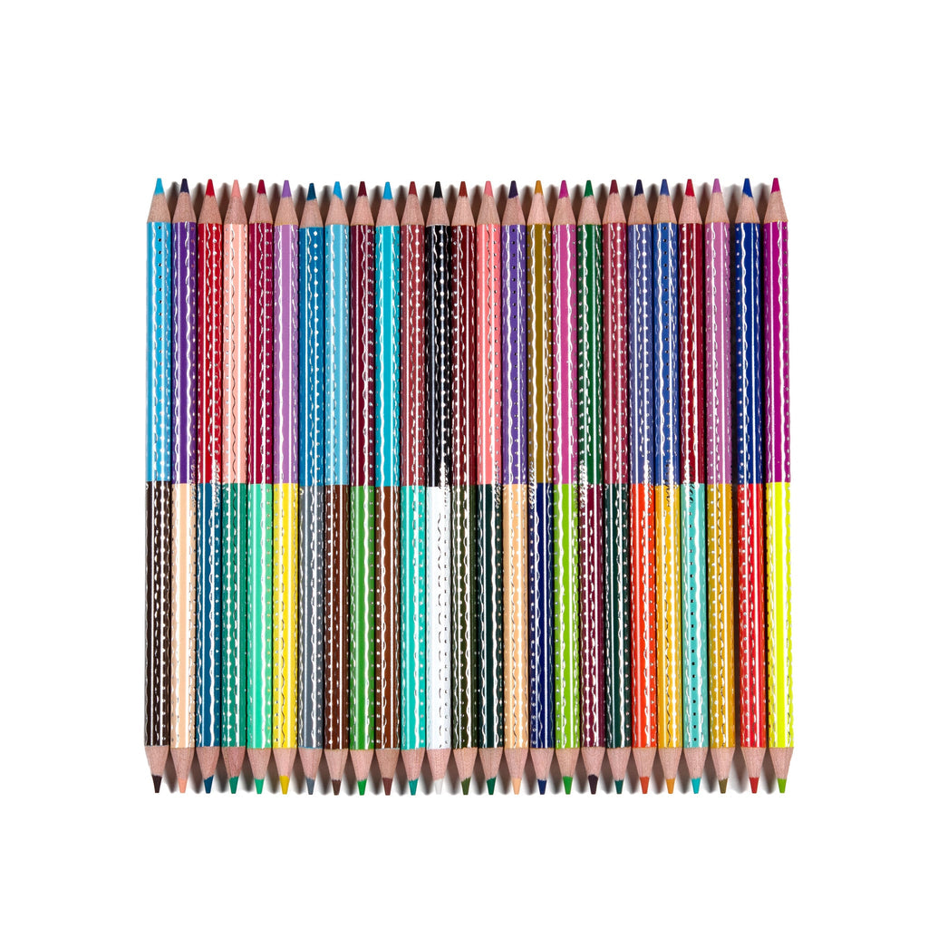 Set of colorful pencils with patterned designs on a white background.