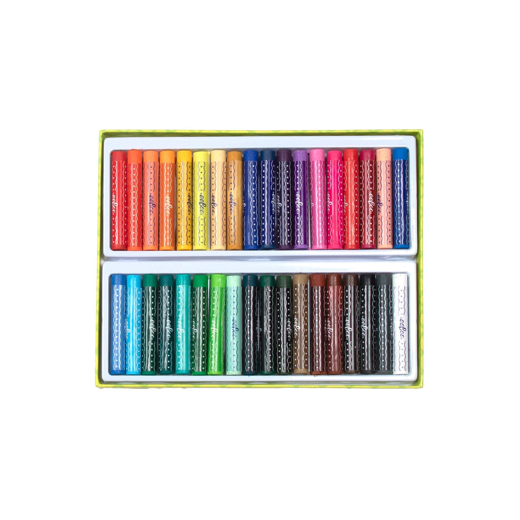 Set of colorful oil pastel sticks in a box on a white background.