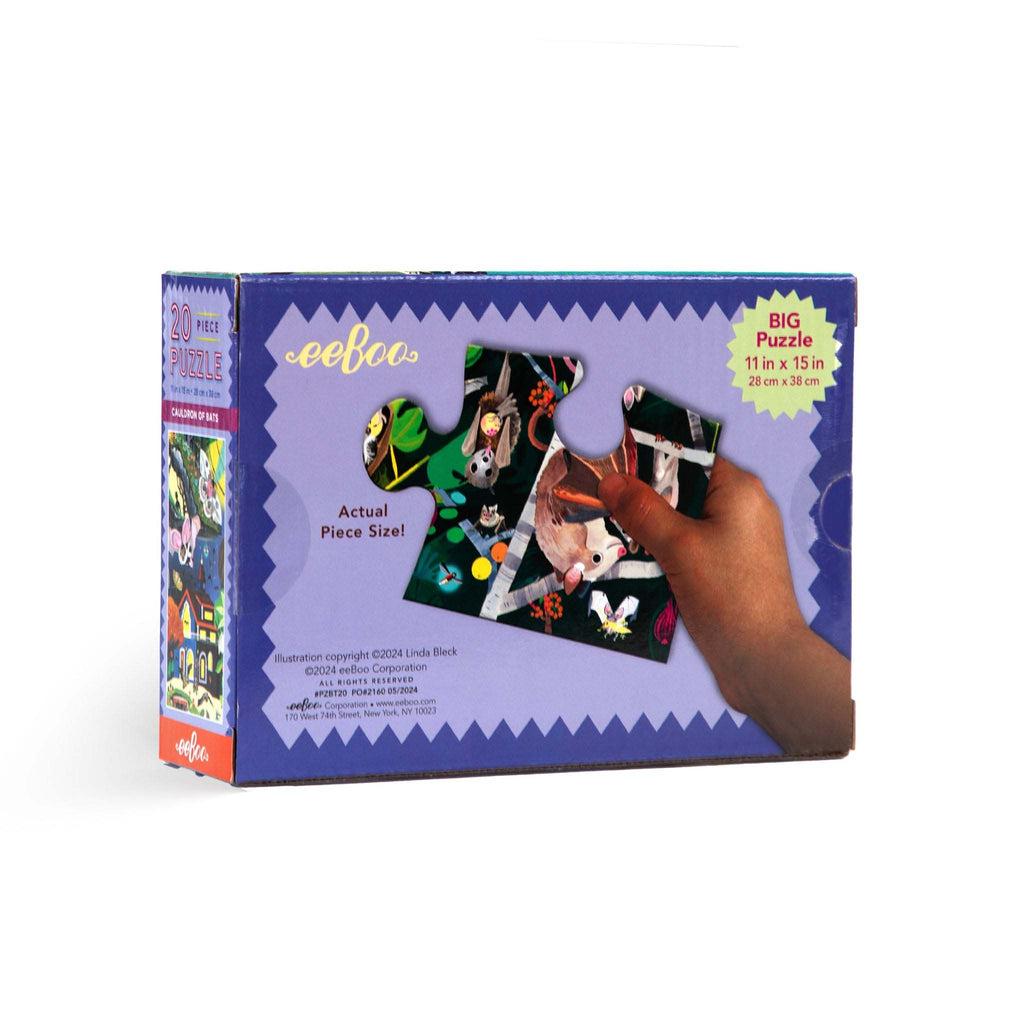 eeboo 20 piece cauldron of bats glow-in-the-dark kids jigsaw puzzle, box back.