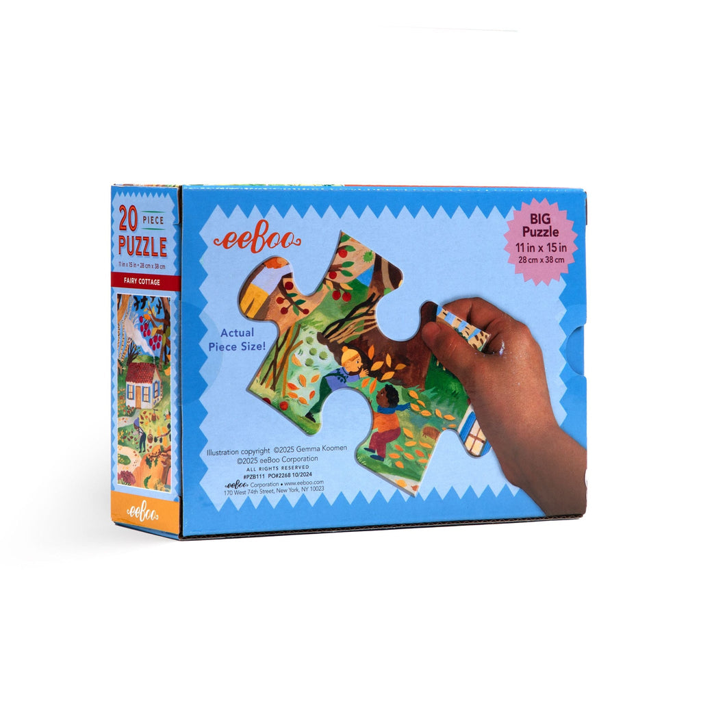 eeBoo 20-piece puzzle box, back view with piece size, on a white background.