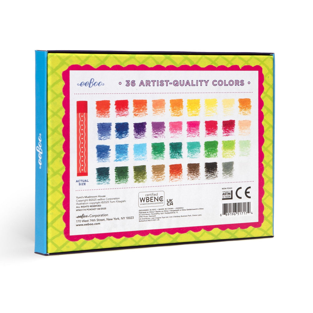 Box of oil pastel sticks, back of packaging with color swatches, on a white background.