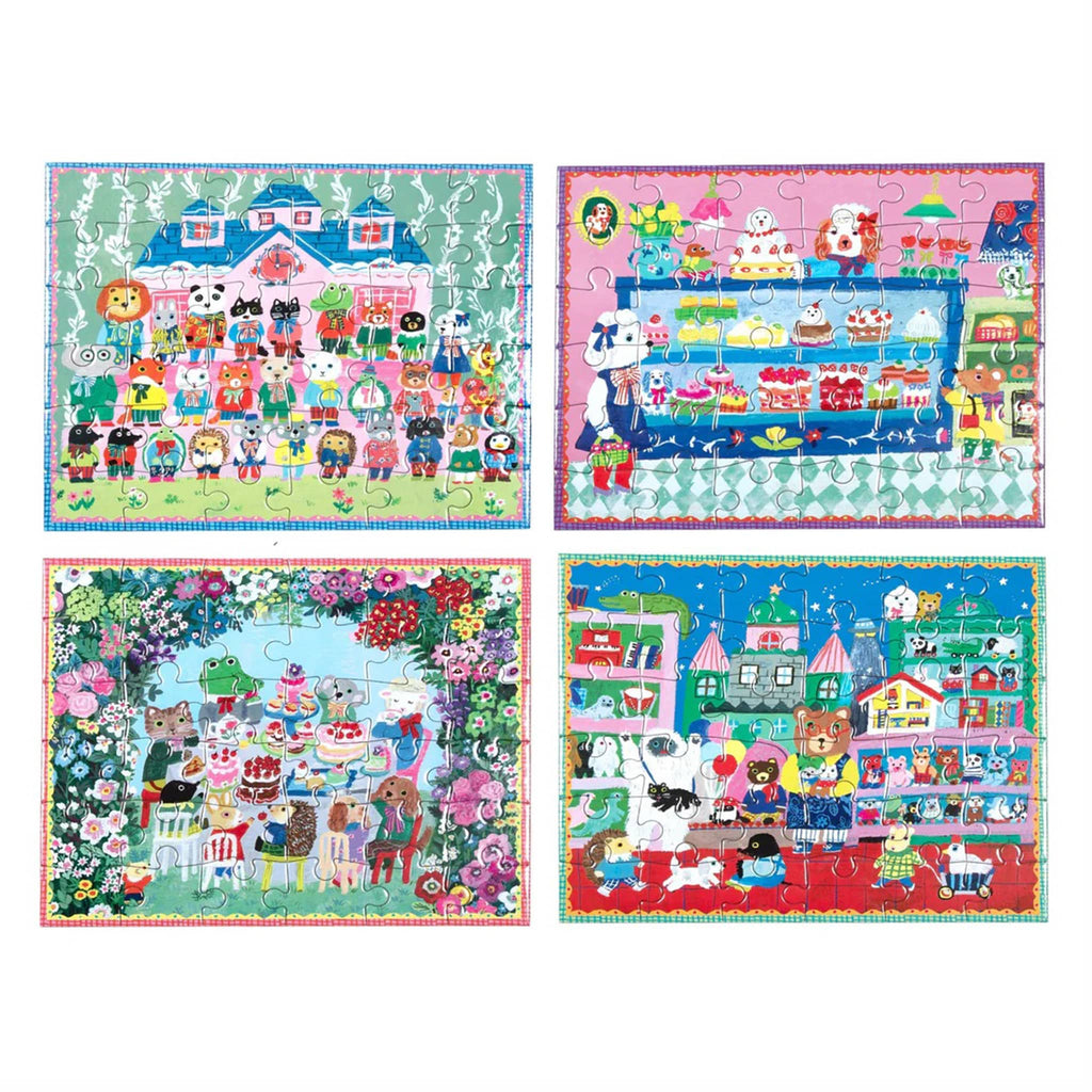 Four colorful children's puzzles with cartoon characters and scenes on a white background.
