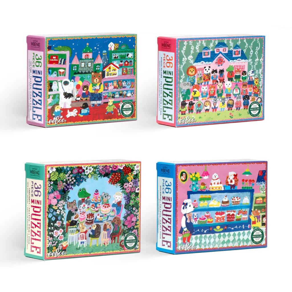 Four colorful puzzle boxes with animal illustrations on a white background.