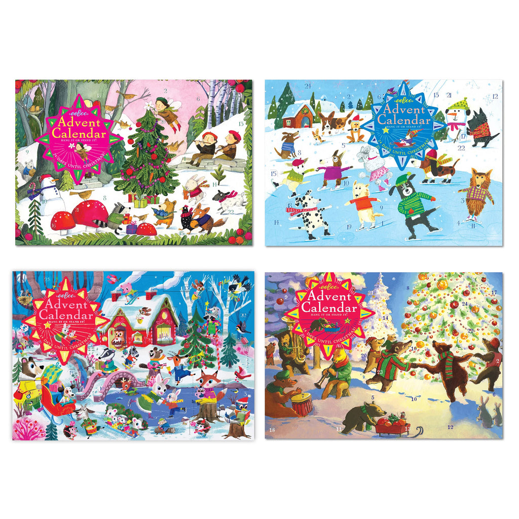 eeBoo kids illustrated advent calendar in packaging, 4 winter activity styles are shown.