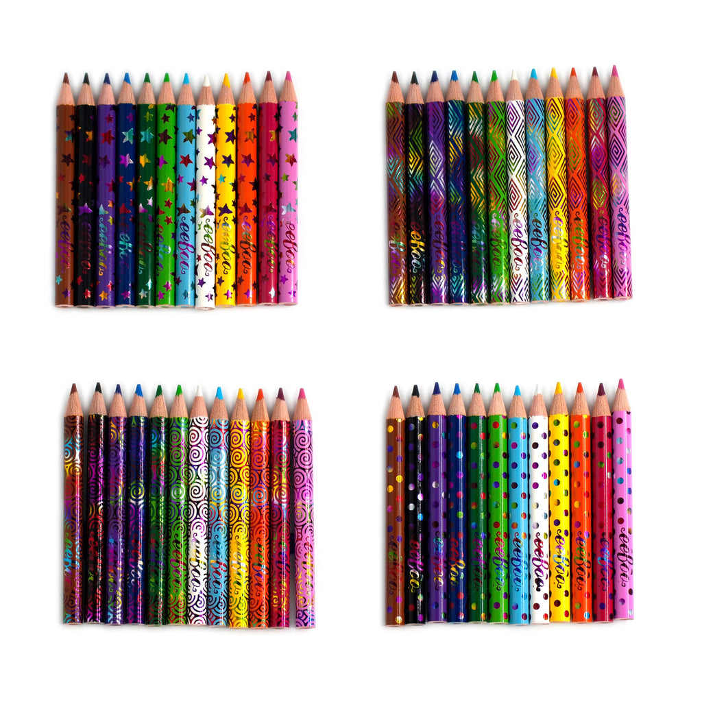 eeBoo Woodland Holiday set of 12 small rainbow colored pencils, each assorted set has a different foil pattern on the individual pencils, all 4 styles shown.
