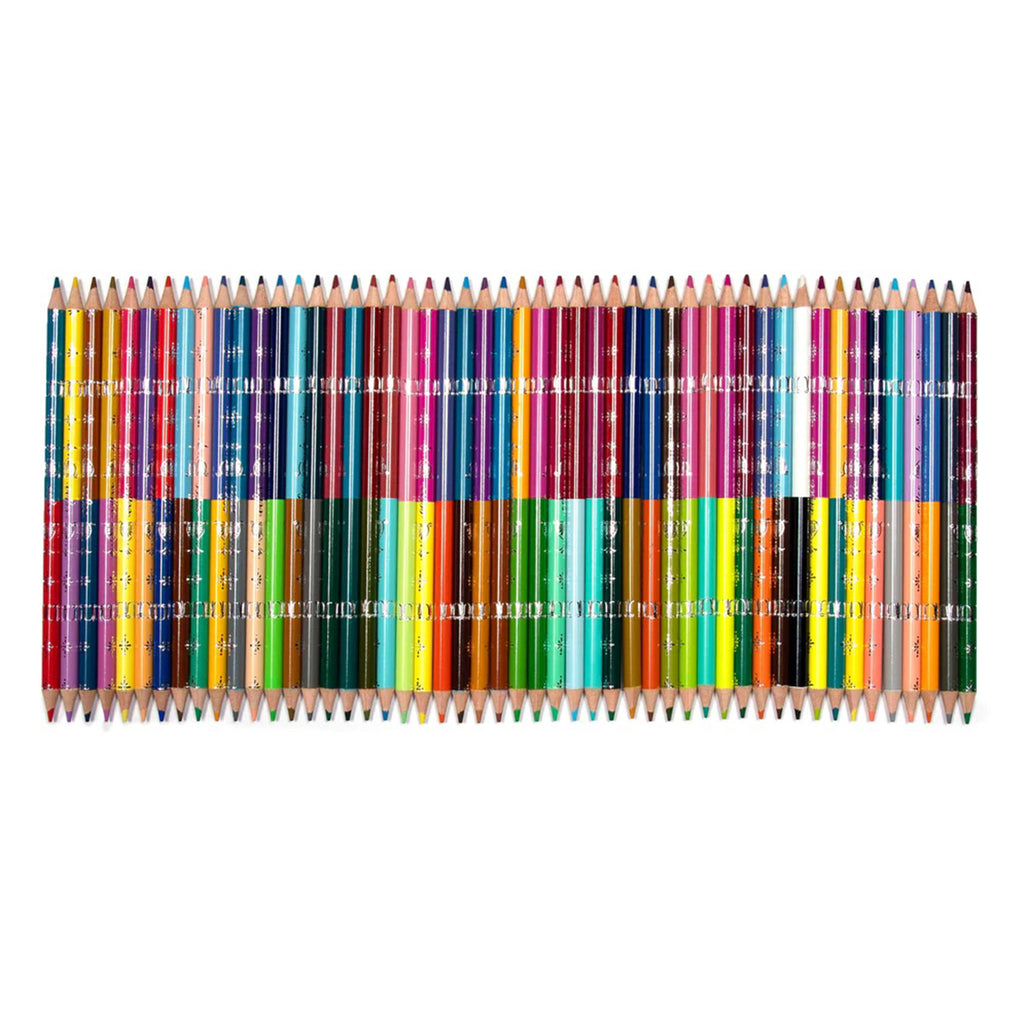 eeBoo 100 colors, 50 double-sided artist quality colored pencils, all are lined up side-by-side on a white background.