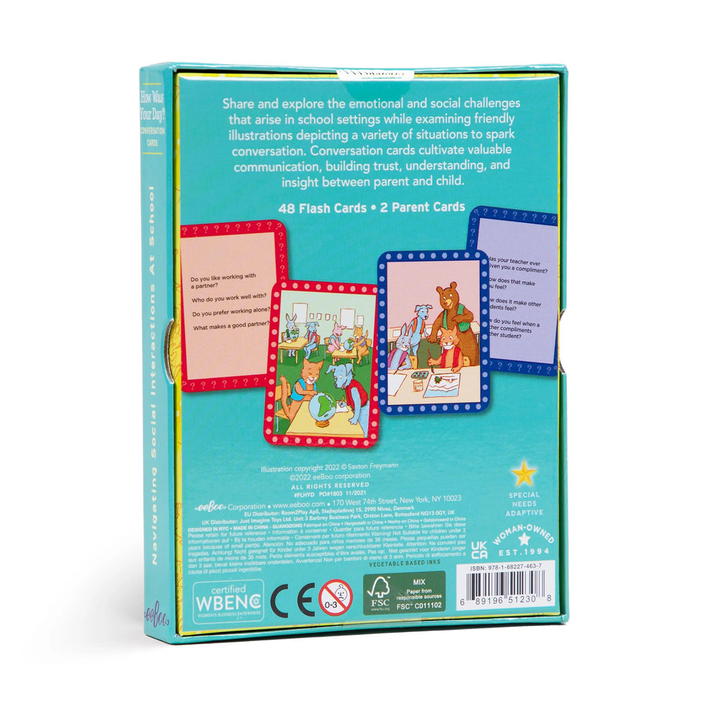 eeBoo how was your day? kids conversation cards in green box packaging, back view.