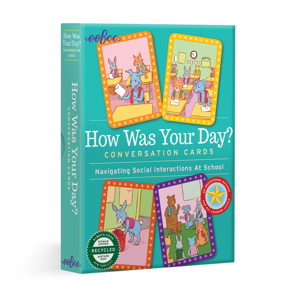 eeBoo how was your day? kids conversation cards in green box packaging, front view.