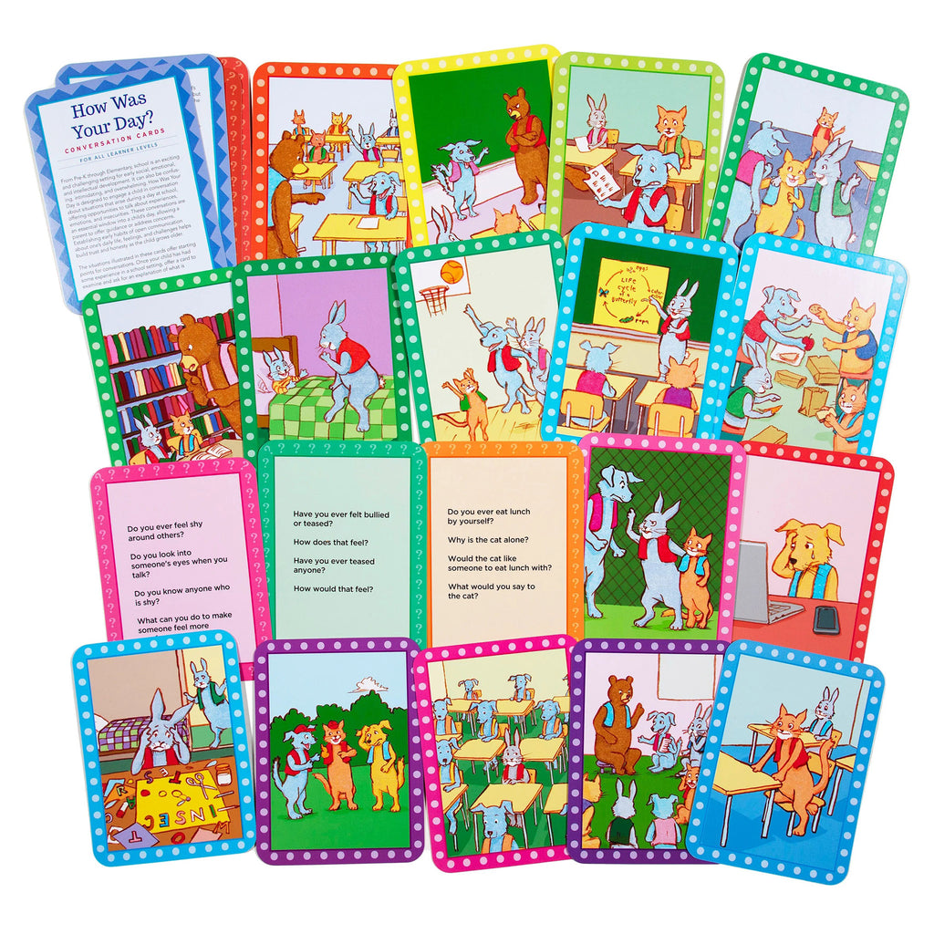 eeBoo how was your day? kids conversation cards samples of illustrated cards fanned out.