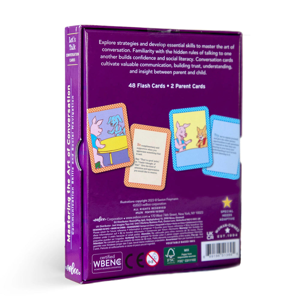 eeBoo Let's Talk Conversation Cards for kids, in purple box packaging, back view.