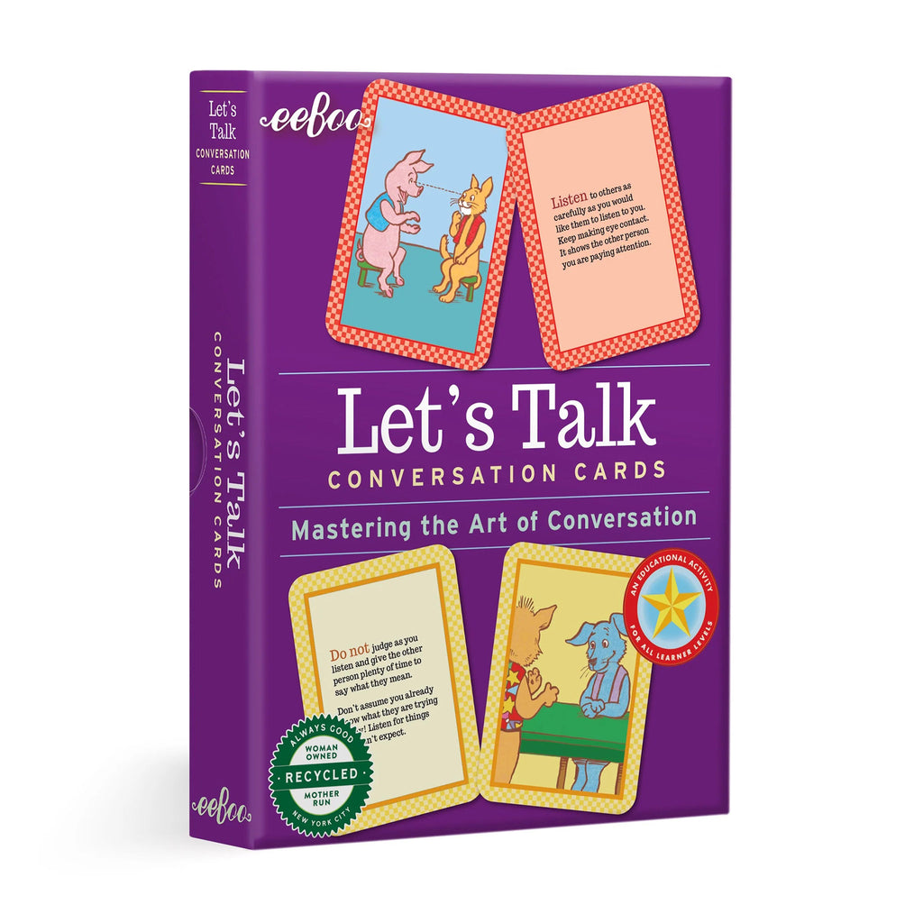 eeBoo Let's Talk Conversation Cards for kids, in purple box packaging, front view.