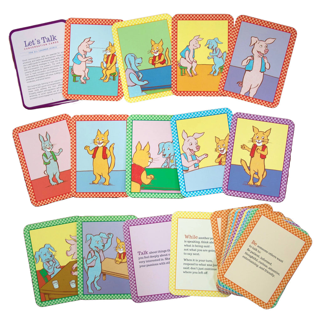 eeBoo Let's Talk Conversation Cards for kids, sample cards with illustrations fanned out.