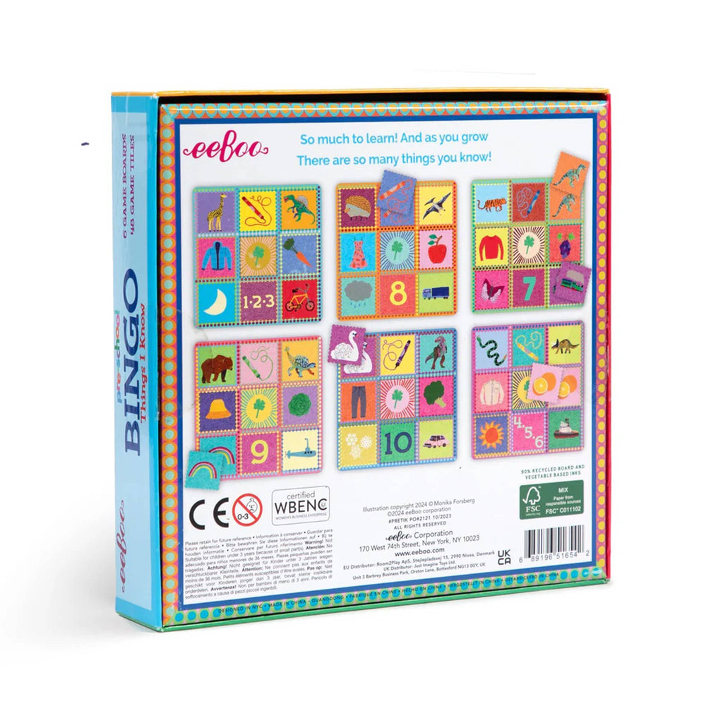 eeBoo Preschool Bingo Things I Know in box packaging, back view.