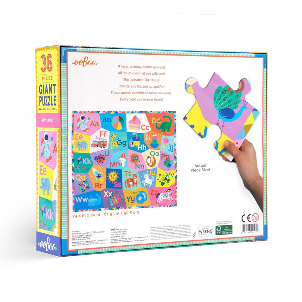 eeBoo 36 Piece Giant Alphabet puzzle in box packaging, back view.