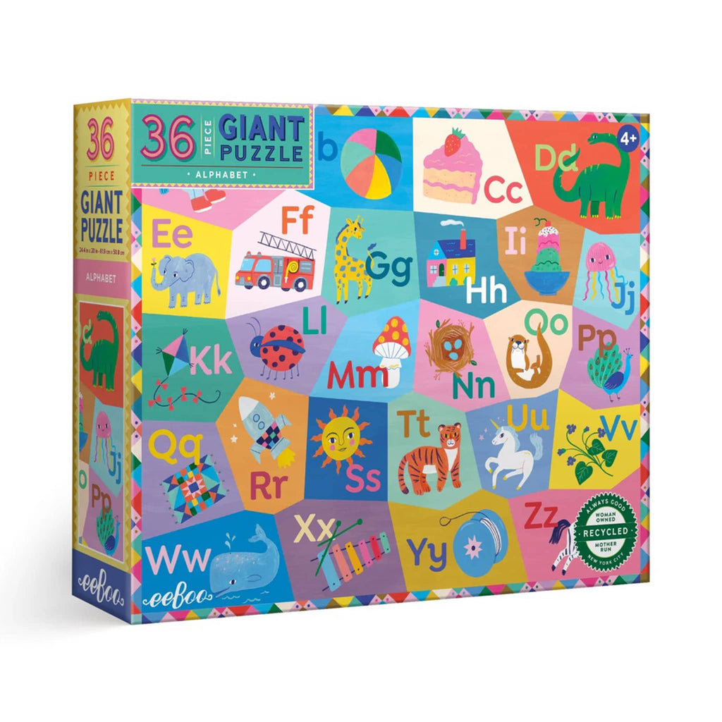 eeBoo 36 Piece Giant Alphabet puzzle in box packaging, front view.