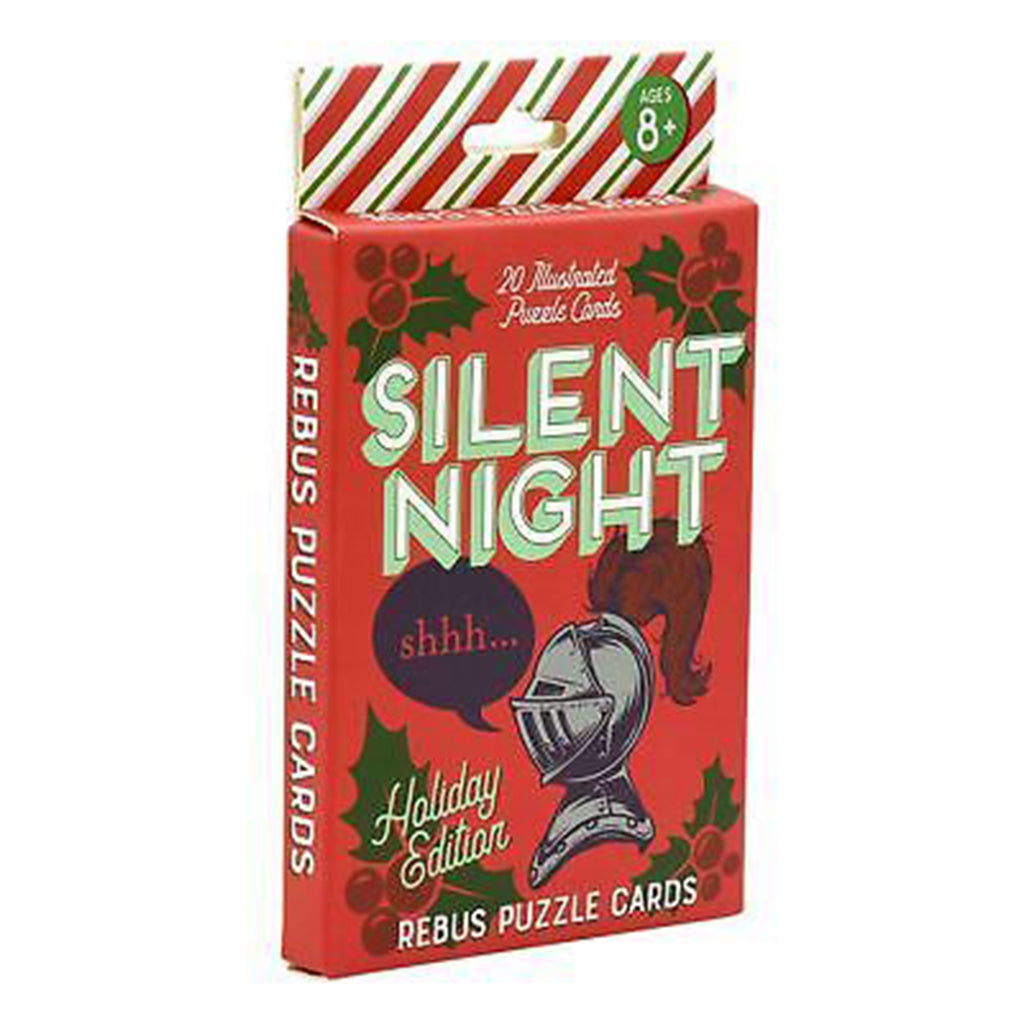 project genius silent night holiday christmas rebus puzzle cards in box packaging, front view.