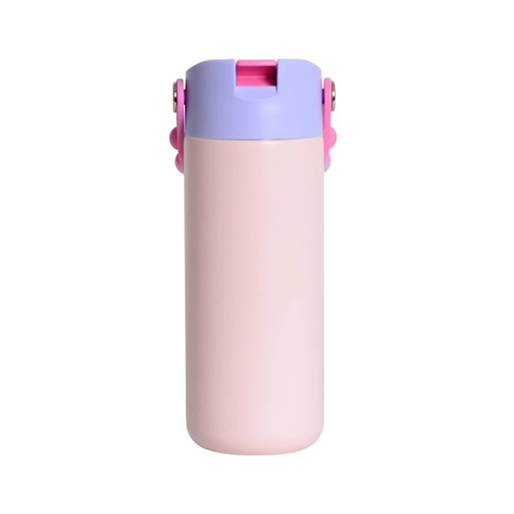 Pink water bottle with purple cap and pink and purple fidget pop handle, back view, on a white background.