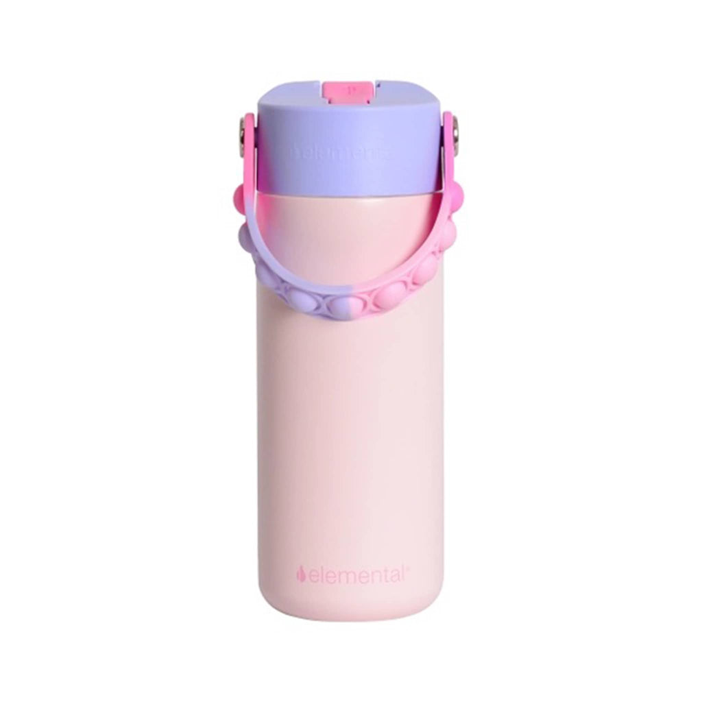 Pink water bottle with purple cap and pink and purple fidget pop handle, front view, on a white background.