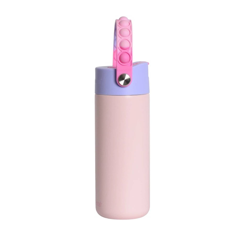 Pink water bottle with purple cap and pink and purple fidget pop handle, side view, on a white background.