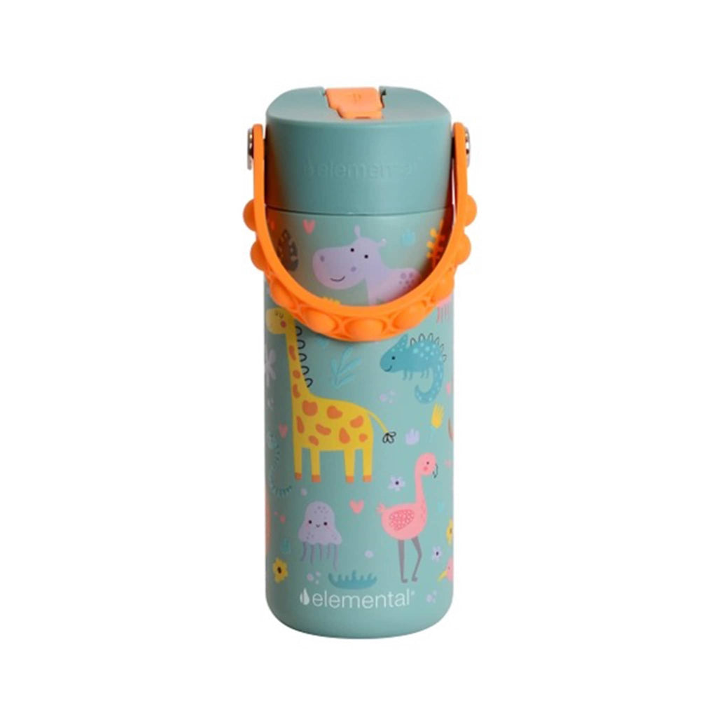 Green water bottle with safari animal design and an orange fidget pop handle, front view, on a white background.