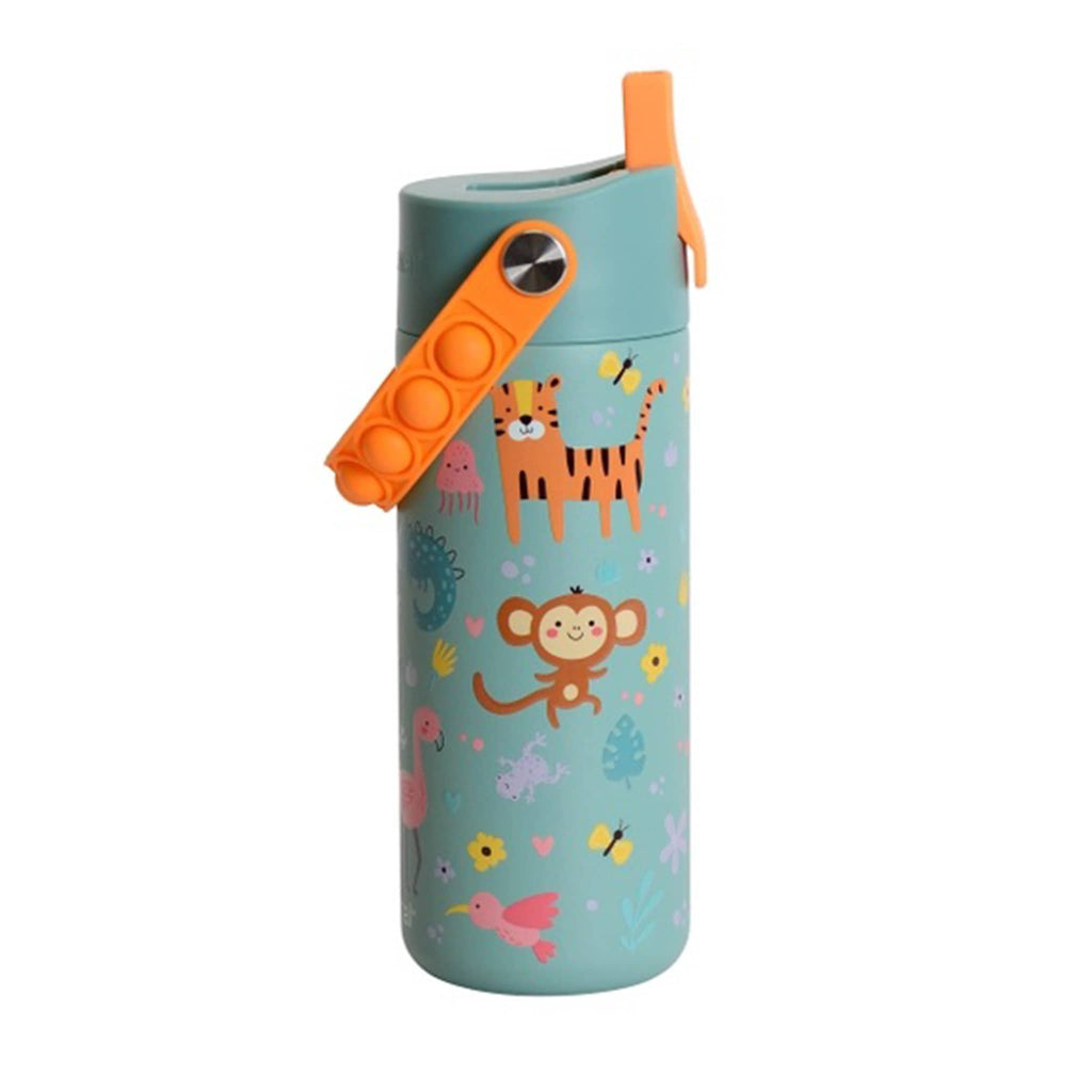 Green water bottle with safari animal design and an orange fidget pop handle, side view, on a white background.