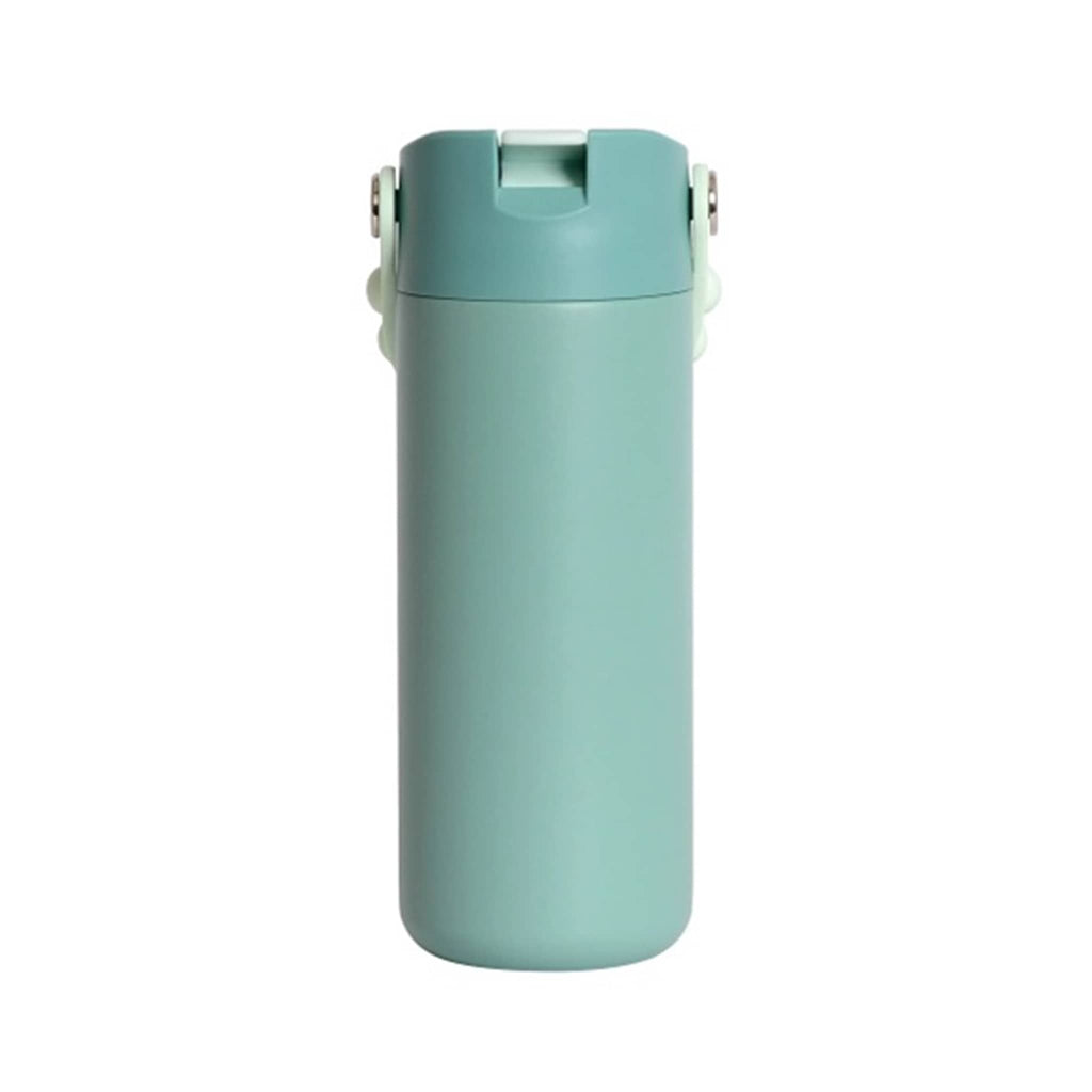 Green water bottle with a light green fidget pop handle, back view, on a white background.