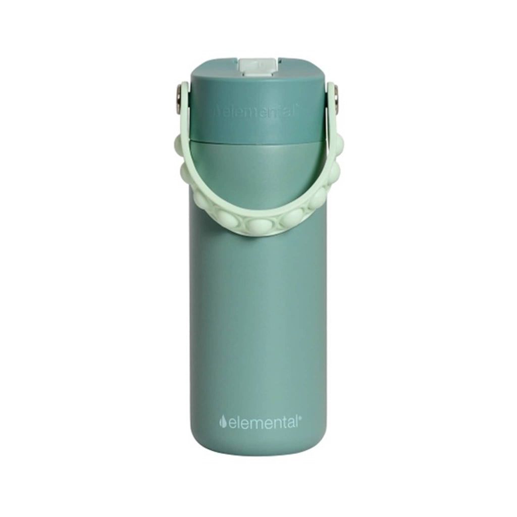 Green water bottle with a light green fidget pop handle, front view, on a white background.