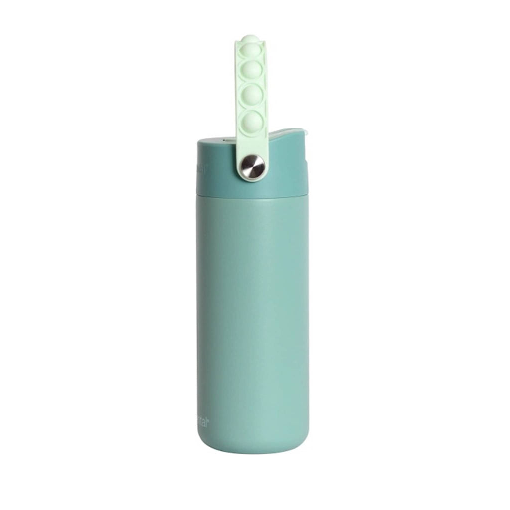 Green water bottle with a light green fidget pop handle, side view, on a white background.