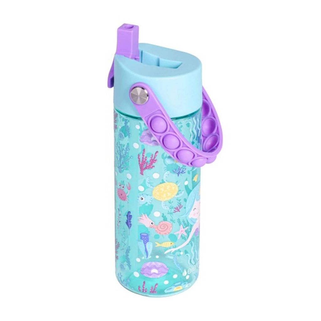 Blue Tritan plastic water bottle with mermaid designs and a purple fidget pop handle, side view, on a white background.