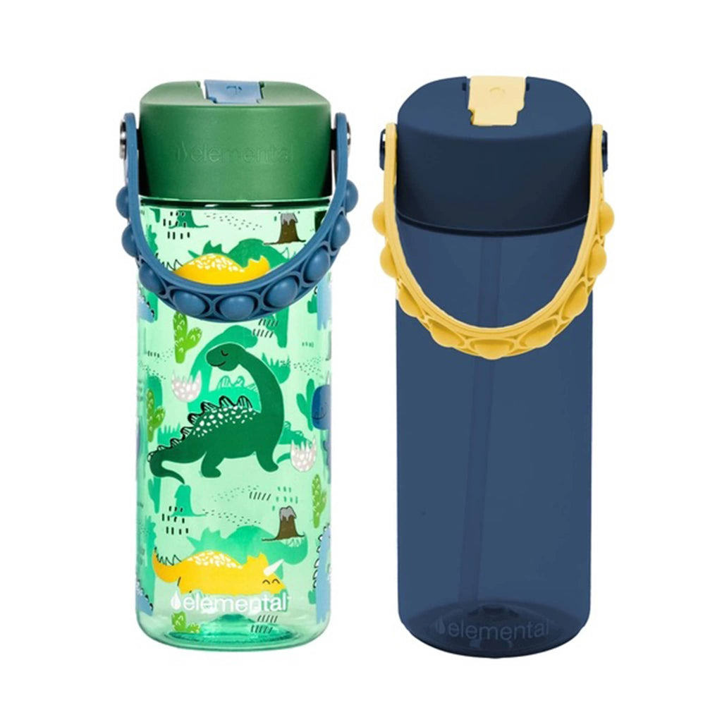 Elemental Splash Pop Duo 18 ounce kids plastic water bottles in green dino and navy with pop fidget handles.