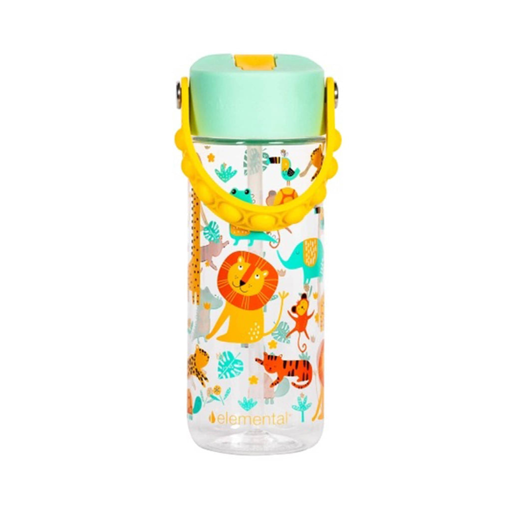 Clear Tritan plastic children's water bottle with animal designs, green lid and yellow handle, front view, on a white background.
