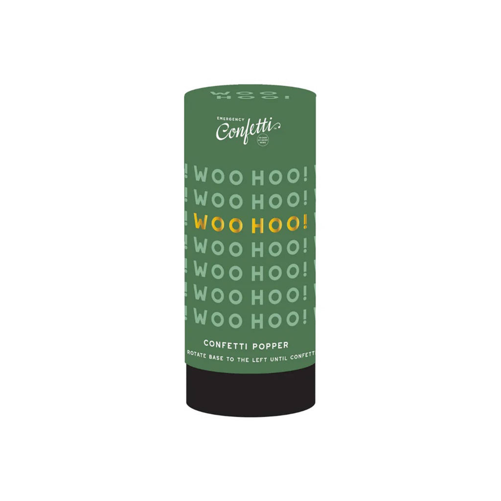 Emergency Confetti Woo Hoo! confetti popper in green tube packaging.