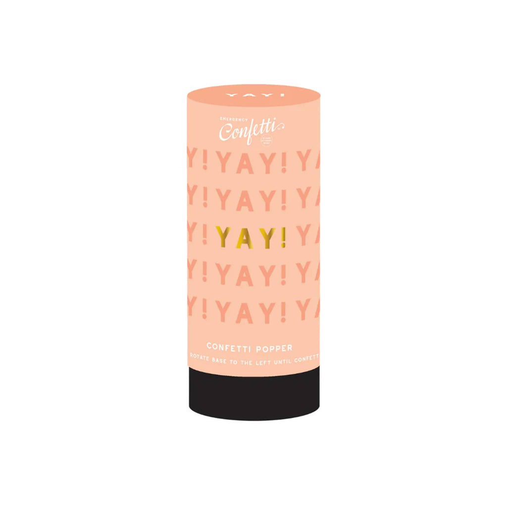 Emergency Confetti Yay! peach confetti popper, front view.