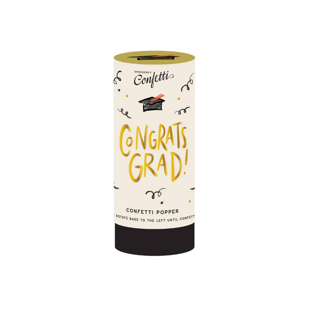 Emergency Confetti Congrats Grad! confetti popper in cream tube packaging.